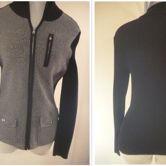 Lauren Women M Herringbone Black White Sweater Cardigan Zip Ribbed Colorblock - Picture 2 of 16